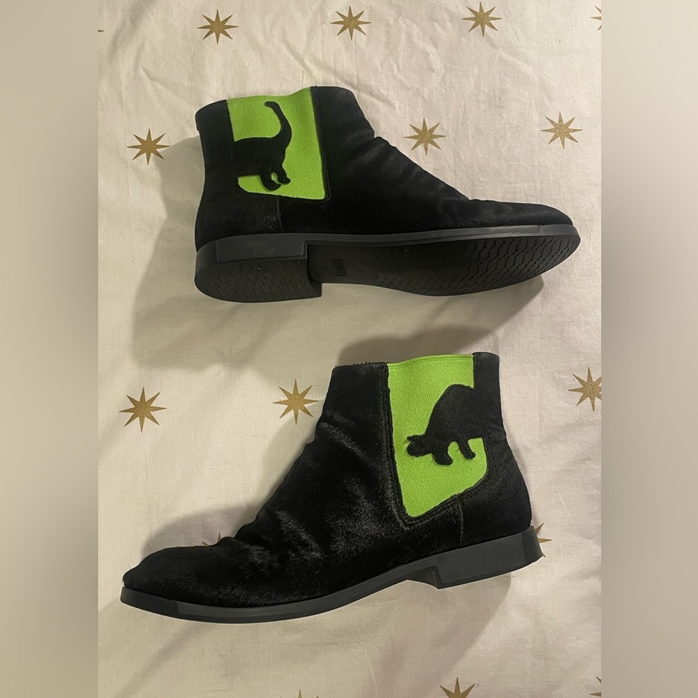 Camper Twins Chelsea Boots  Black Neon Green Calf Fur Leather Dinosaur